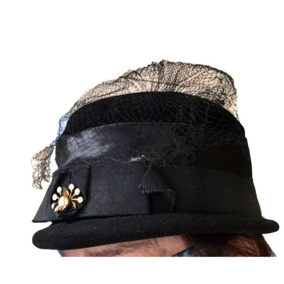 Vintage Mary Lorene Black Velour hat with netting, crystal accent, ribbon